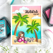 Sunny Studio Stamps Mermaid on Beach with Palm Trees Summer Birthday Card using Tropical Trees Backdrop Metal Craft Dies