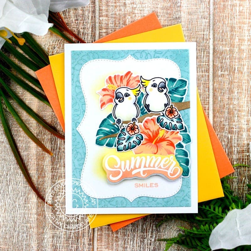 Sunny Studio Stamps Tropical Cockatiels and Hibiscus Flowers Summer Smiles Card using Limitless Labels 1 Metal Craft Dies