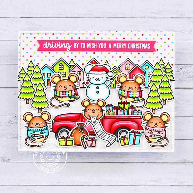 Sunny Studio Mice with Red Pick-up Truck Filled With Gifts Holiday Christmas Card using Truckloads of Love 4x6 Clear Stamps