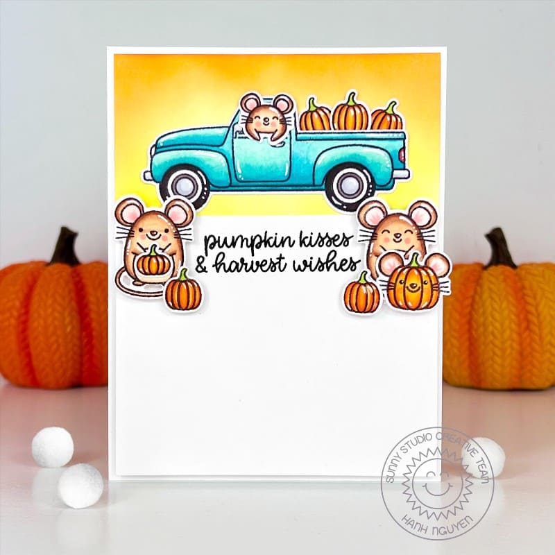 Sunny Studio Pumpkin Kisses & Harvest Wishes Mice with Truck Fall Autumn CAS Card using Truckloads of Love Clear Craft Stamps