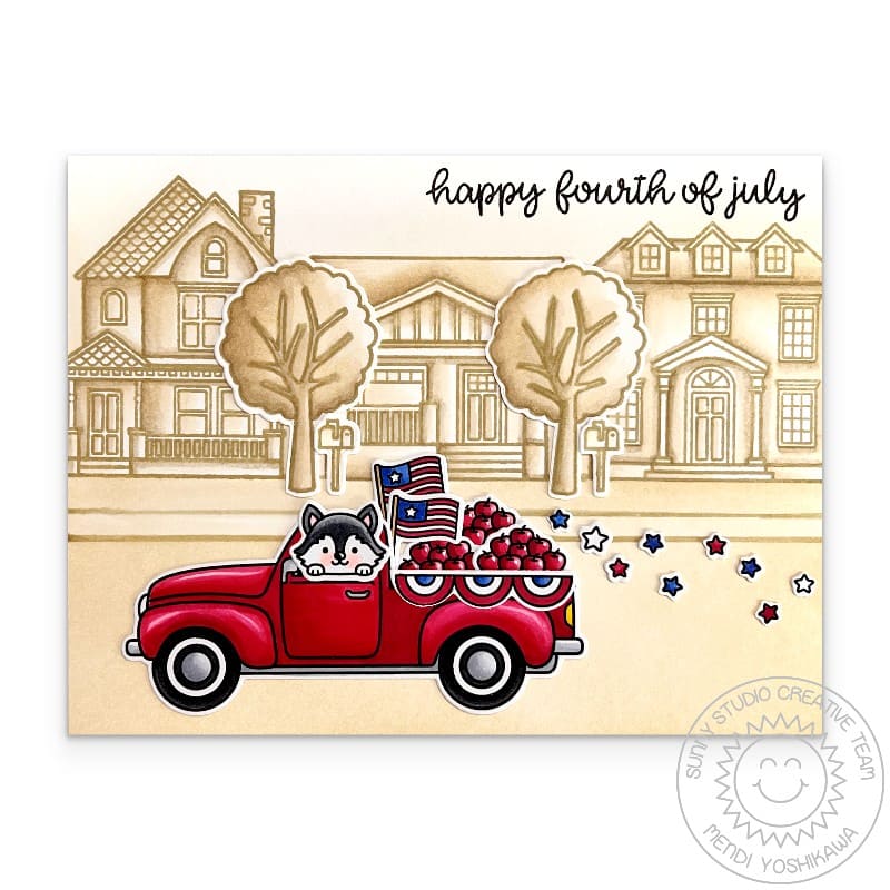 Sunny Studio Red, White, & Blue Patriotic Pick-up Truck Fourth of July Card using Happy Home Neighborhood Clear Craft Stamps