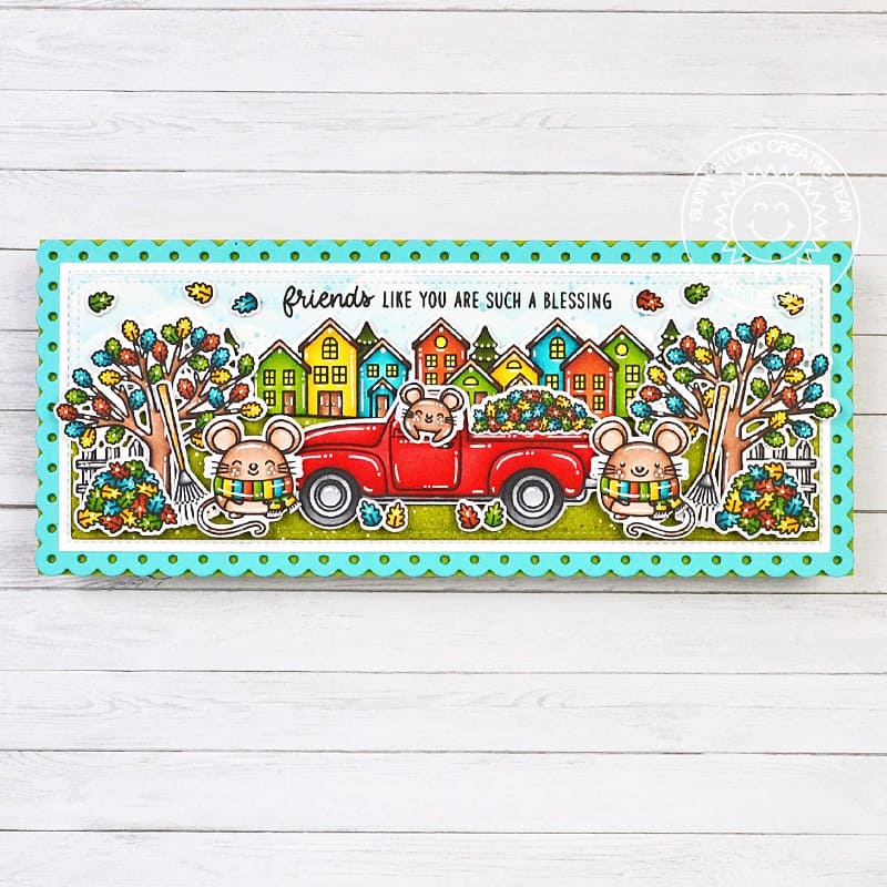 Sunny Studio Mice with Autumn Leaves & Pick-up Truck Fall Scene DIY Slimline Card using Truckloads of Love Clear Craft Stamps