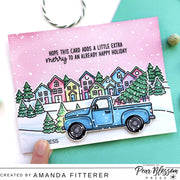 Sunny Studio Truck Hauling Gifts & Holiday Tree Christmas Neighborhood Scene Card using Truckloads of Love Clear Craft Stamps
