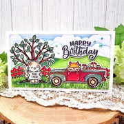 Sunny Studio Cat with Tree, Fence & Red Pick-up Truck Mini Slimline Autumn Birthday Card using Fall Scenes Clear Craft Stamps