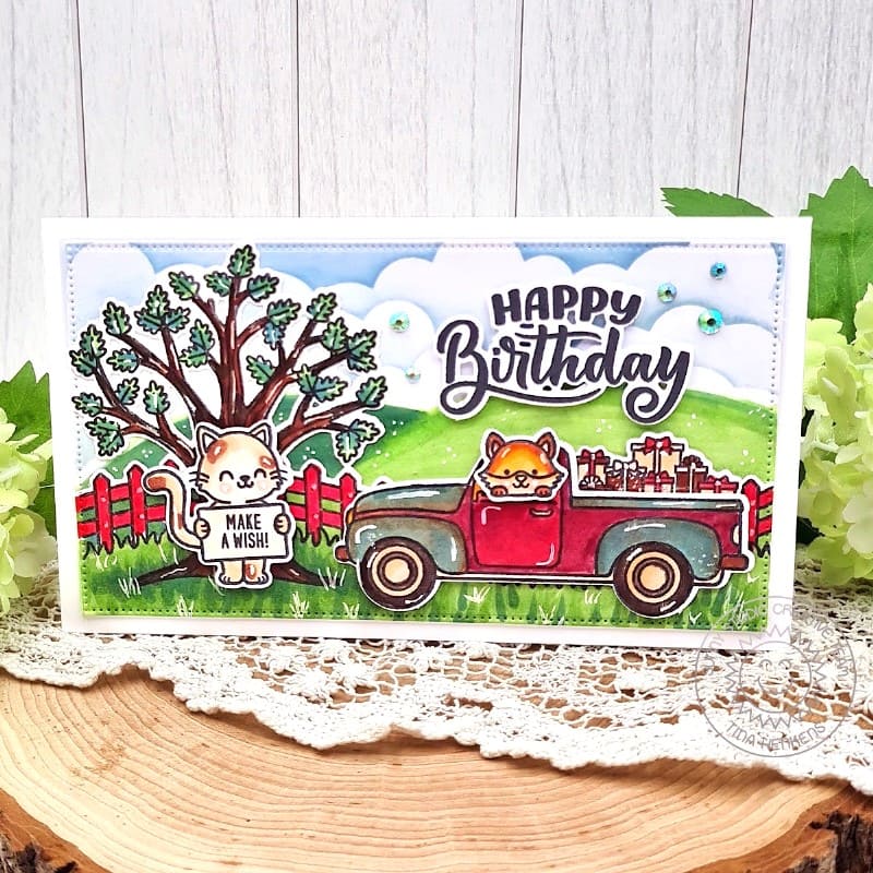 Sunny Studio Cat with Tree, Fence & Red Pick-up Truck Mini Slimline Autumn Birthday Card using Fall Scenes Clear Craft Stamps