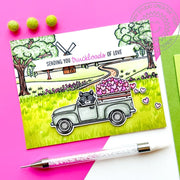 Sunny Studio Pick-up Truck Trailing Hearts Love-Themed Card by Amanda Fitterer using Truckloads of Love Clear Craft Stamps