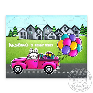 Sunny Studio Hot Pick-up Truck with Gifts & Trailing Balloons Birthday Card (using Floating By 2x3 Clear Stamps)