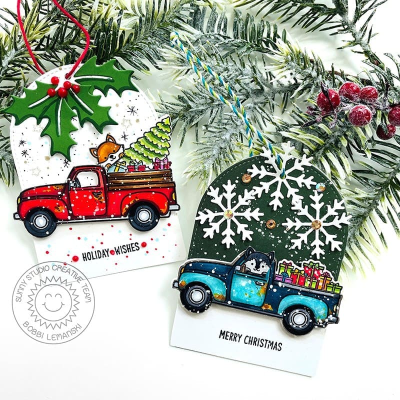 Sunny Studio Critters in Rusted Vintage Pick-up Trucks Christmas Holiday Gift Tags using Truckloads of Love 4x6 Clear Stamps