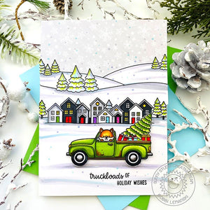 Sunny Studio Fox in Vintage Pick-up Truck Carrying Gifts & Holiday Tree Christmas Card using Truckloads of Love Clear Stamps