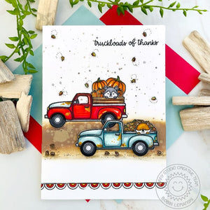 Sunny Studio Critters in Vintage Pick-up Trucks Carrying Pumpkins Fall Thank You Card using Truckloads of Love Clear Stamps