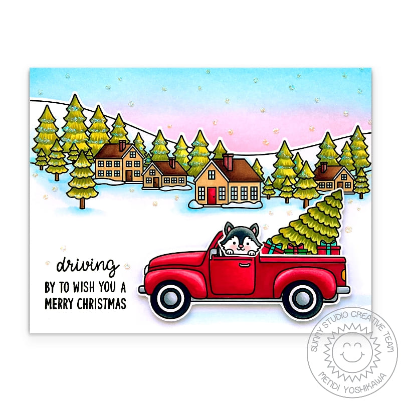 Sunny Studio Driving By to Wish You Merry Christmas Pick-up Truck with Holiday Tree Card (Truckloads of Love Clear Stamps)