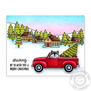 Sunny Studio Driving By to Wish You Merry Christmas Pick-up Truck with Holiday Tree Card (using Winter Scenes Clear Stamps)