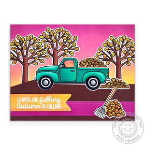 Sunny Studio Leaves Are Falling, Autumn is Calling Pick-up Truck Fall Sunset Card using Truckloads of Love 4x6 Clear Stamps