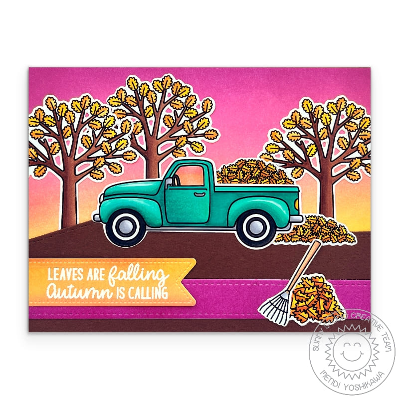 Sunny Studio Leaves Are Falling, Autumn is Calling Pick-up Truck Fall Sunset & Trees Card (using Woodsy Autumn Clear Stamps)