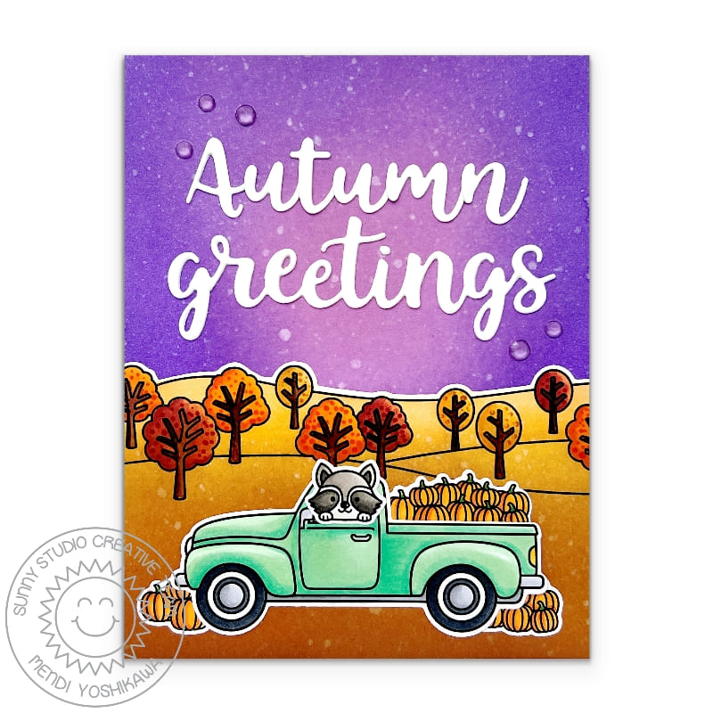 Sunny Studio Autumn Greetings Vintage Pick-up Truck Holding Pumpkins with Fall Trees Card (using Country Scenes Clear Stamps)