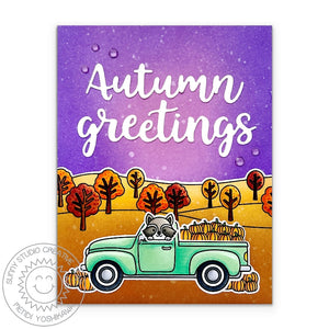 Sunny Studio Autumn Greetings Mint Green Vintage Pick-up Truck With Fall Pumpkins Card using Hayley Uppercase Alphabet Dies