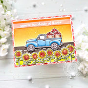 Sunny Studio Fall Sunflowers with Crates of Apples Pick-up Truck Autumn Thank You Card using Truckloads of Love Clear Stamps
