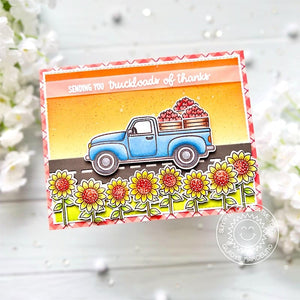Sunny Studio Fall Sunflowers with Crates of Apples in Pick-up Truck Autumn Thank You Card using Happy Harvest Clear Stamps