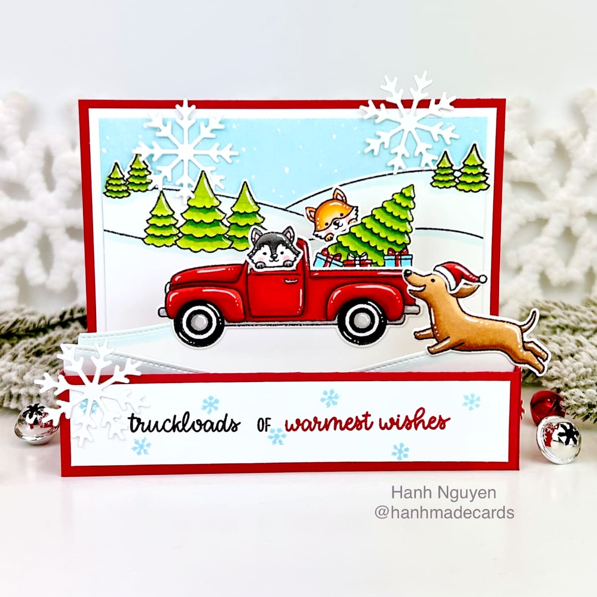 Sunny Studio Red Pick-up Truck with Christmas Tree & Dog Holiday Pop-up Box Card (using Dashing Dachshund Clear Stamps)
