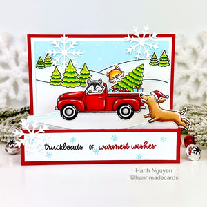 Sunny Studio Red Pick-up Truck with Christmas Tree & Dog Holiday Pop-up Box Card (using Dashing Dachshund Clear Stamps)