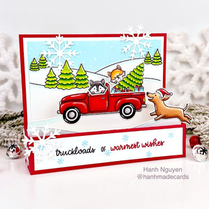 Sunny Studio Red Pick-up Truck with Christmas Tree & Dog Holiday Pop-up Box Card (using Truckloads of Love Clear Stamps)
