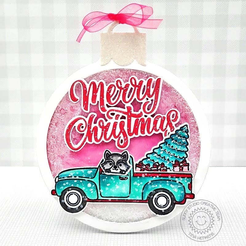 Sunny Studio Aqua Vintage Pick-up Truck Pink Christmas Ornament Holiday Shaker Gift Tag using Truckloads of Love Clear Stamps