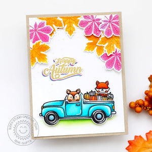 Sunny Studio Happy Autumn Pink & Orange Leaves Fall Pick-up Truck Card by Isha Gupta (using Elegant Leaves Clear Stamps)