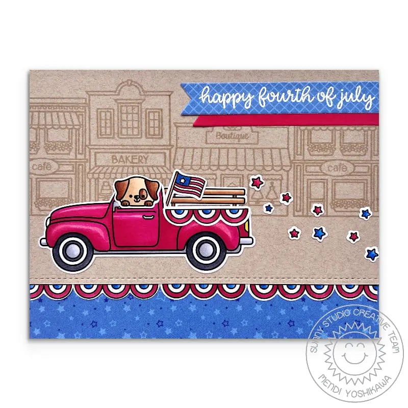 Sunny Studio Red Pick-up Truck with Bunting, Flag & Trailing Stars Fourth of July Parade Card (using City Streets Clear Stamps)