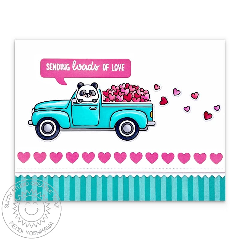 Sunny Studio Sending Loads of Love Trailing Hearts Pick-up Truck Valentine's Day Card using Truckloads of Love Clear Stamps