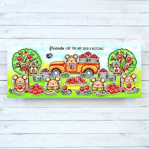 Sunny Studio Mice with Apple Trees & Pick-up Truck Fall Friendship Slimline Card using Seasonal Trees Clear Stamps