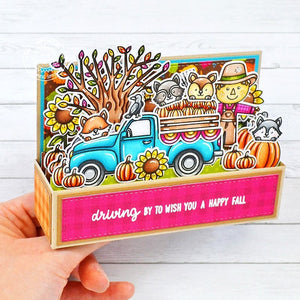 Sunny Studio Driving By To Wish You A Happy Fall Pick-up Truck Autumn Pop-up Box Card using Truckloads of Love Clear Stamps