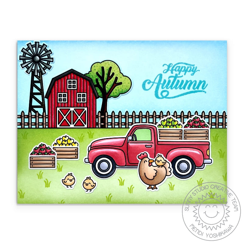 Sunny Studio Happy Autumn Fall Pick-up Truck with Barn & Produce in Crates Card (using Farm Fresh 4x6 Clear Stamps)