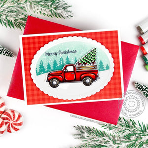 Sunny Studio Red Gingham with Trees Pick-up Truck with Holiday Tree Christmas Card using Truckloads of Love 4x6 Clear Stamps
