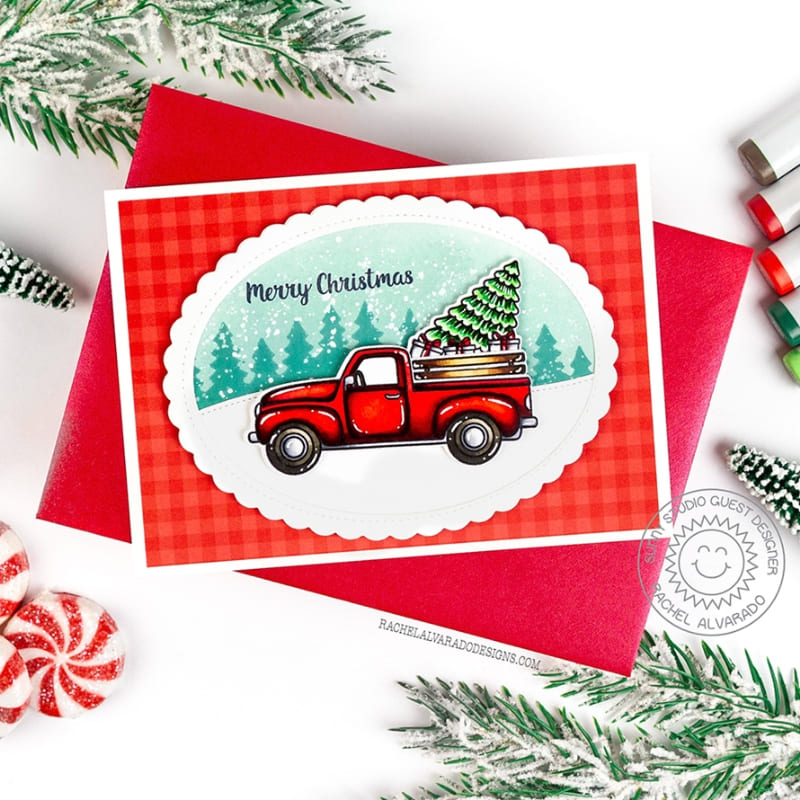 Sunny Studio Season's Greetings Red Pick-up Truck with Holiday Tree Scalloped Oval Christmas Card using Forest Trees Stencil