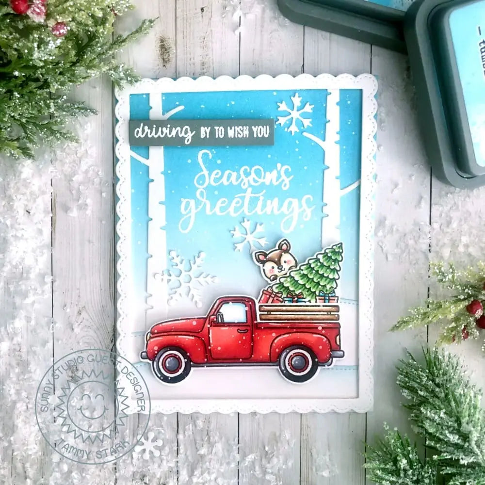 Sunny Studio Driving By to Season's Greetings Pick-up Truck with Holiday Tree Christmas Card (using Festive Greetings Clear Stamps)