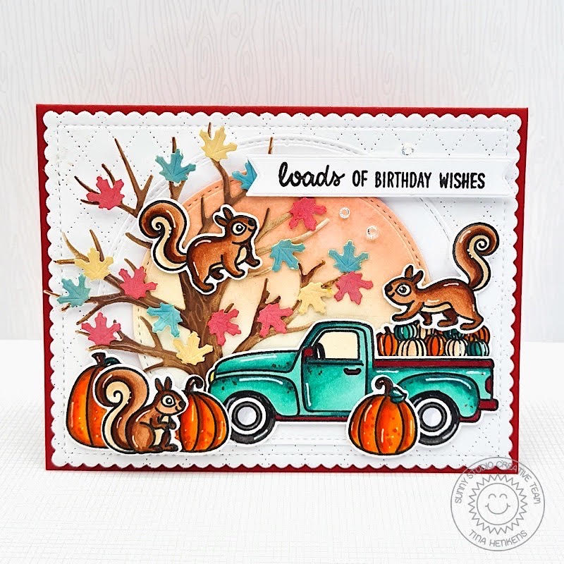 Sunny Studio Squirrels with Vintage Pick-up Truck Carrying Pumpkins Fall Birthday Card using Truckloads of Love Clear Stamps