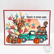 Sunny Studio Stamps Squirrels with Pick-up Truck Carrying Pumpkins Fall Birthday Card using Dotted Diamond Landscape Die