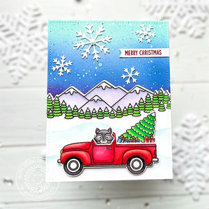 Sunny Studio Red Pick-up Truck with Christmas Tree & Snowflakes Winter Holiday Card using Truckloads of Love Clear Stamps