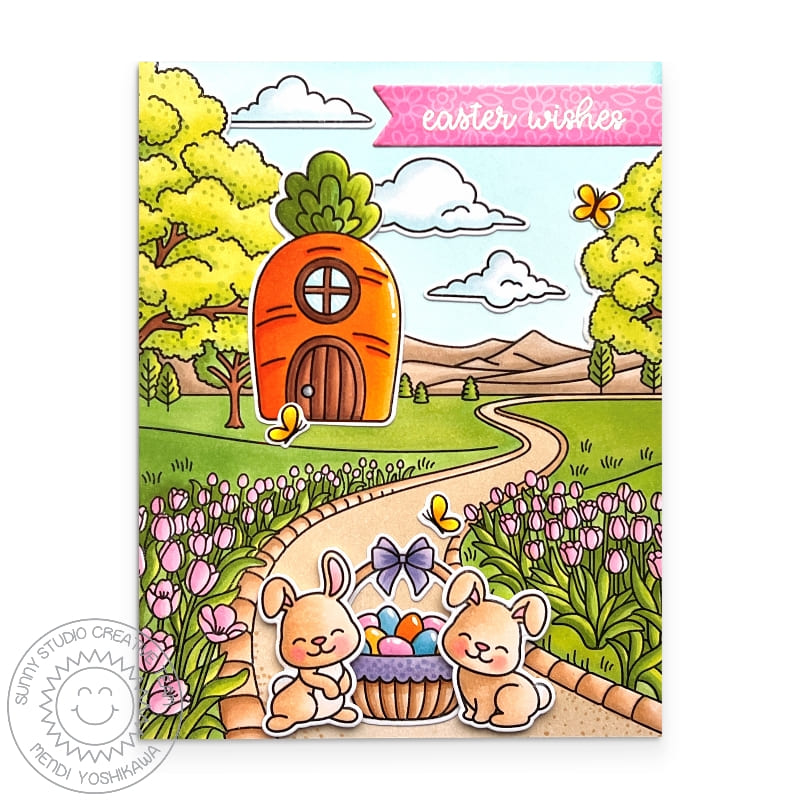 Sunny Studio Bunnies with Easter Basket, Tulips, & Carrot House Spring Card using Tulip Path Background 6x6 Clear Stamps