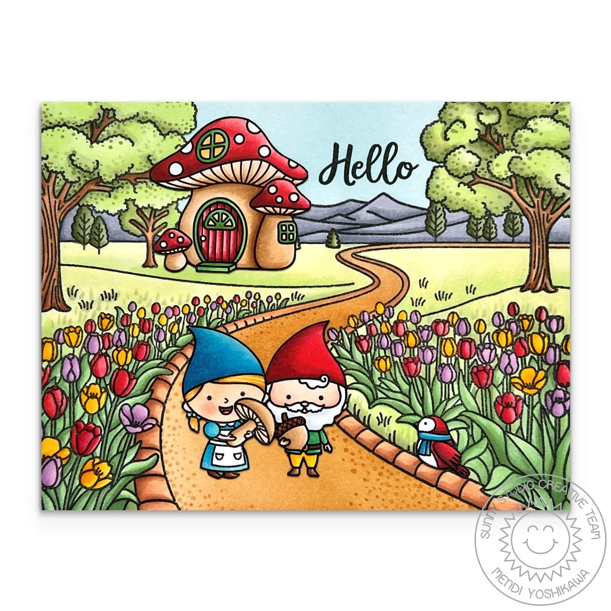 Sunny Studio Gnomes on Pathway with Colorful Flower Fields Spring Hello Card using Tulip Path Background 6x6 Clear Stamps