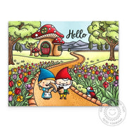 Sunny Studio Gnomes on Pathway with Colorful Tulip Flower Fields Spring Hello Card using Home Sweet Gnome Clear Craft Stamps