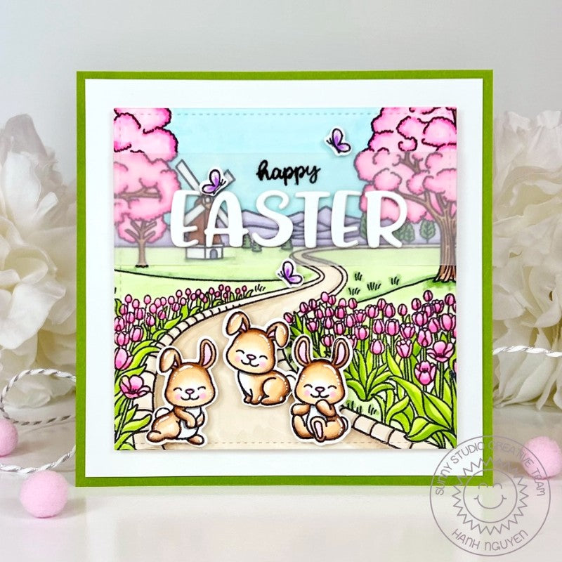 Sunny Studio Bunny & Cherry Blossoms Stitched Square Easter Card using Tulip Path Background 6x6 Backdrop Clear Craft Stamps