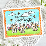 Sunny Studio Bunny, Butterfly, Fence, Tulips & Clouds Spring Greetings Card using Tulip Path 6x6 Background Clear Craft Stamp