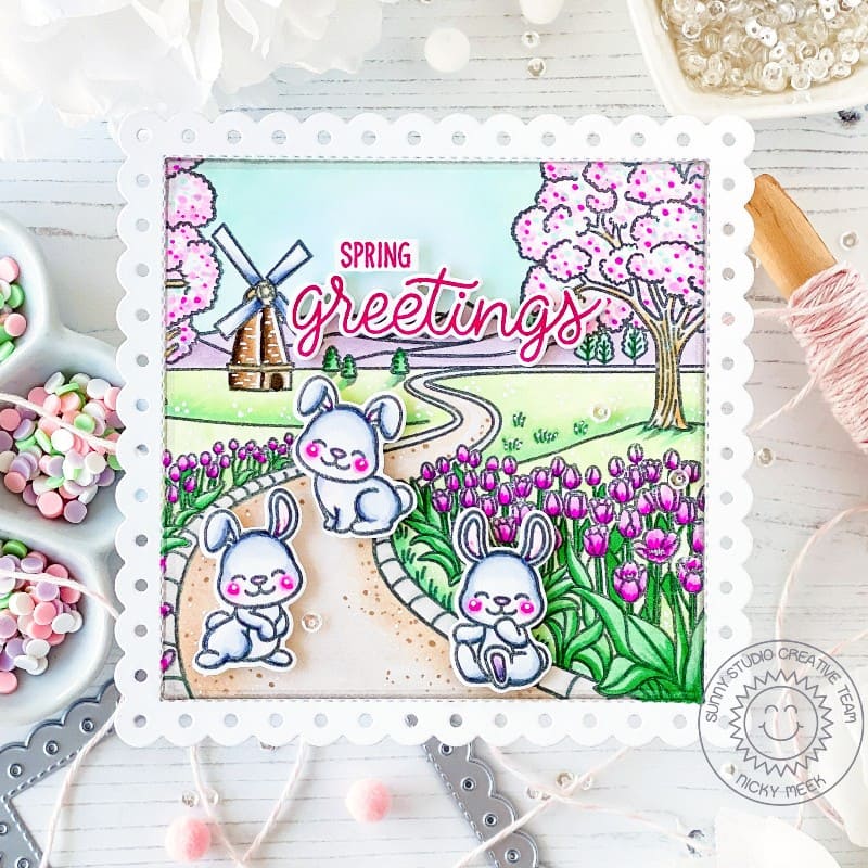 Sunny Studio Bunny & Cherry Blossoms Spring Greetings Scalloped Square Card using Tulip Path Background 6x6 Clear Craft Stamp