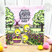 Sunny Studio Spring Chicks Scalloped Square Easter Card using Tulip Path Background 6x6 Clear Photopolymer Craft Stamps