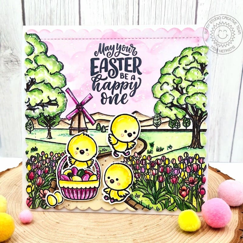 Sunny Studio Spring Chicks Scalloped Square Easter Card using Tulip Path Background 6x6 Clear Photopolymer Craft Stamps