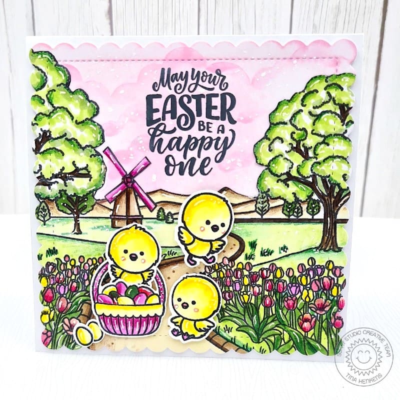 Sunny Studio Stamps Spring Chicks with Easter Basket, Tulips & Windmill Card using Scalloped Square 1 Large Metal Craft Dies