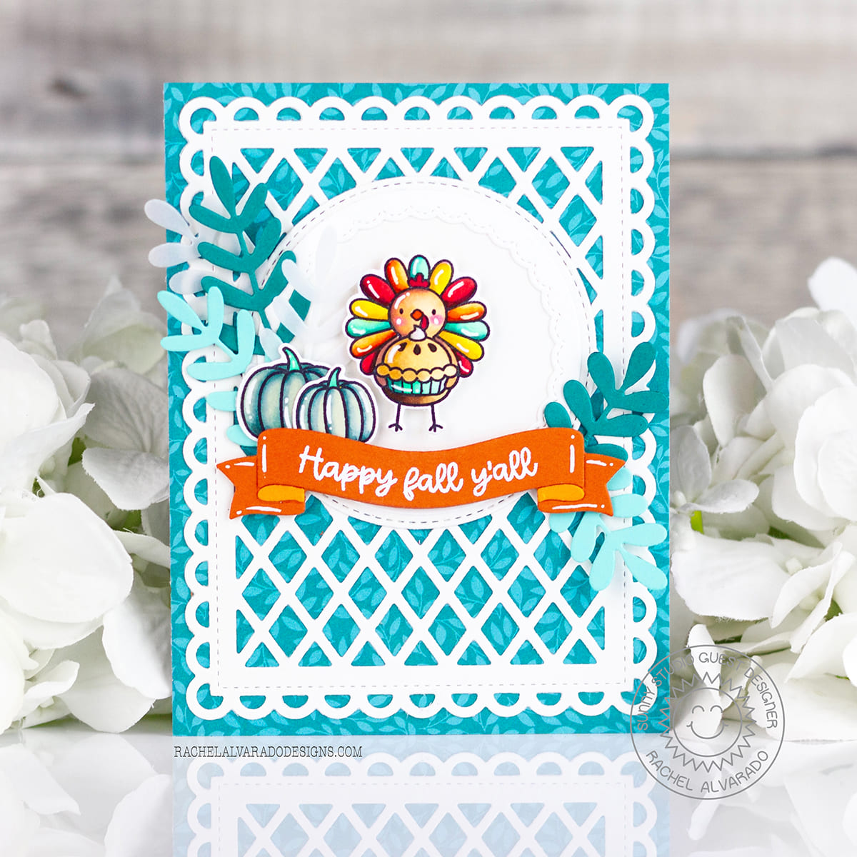 Sunny Studio Stamps Happy Fall Y'all Turkey & Pumpkin Pie Scalloped Autumn Card using Frilly Frames Lattice Metal Cutting Die