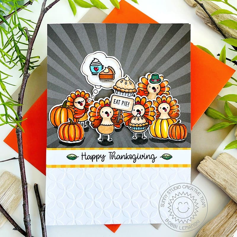 Sunny Studio Thanksgiving Pilgrim Turkeys, Pumpkins & Pie Thanksgiving Card (using Moroccan Circles 6x6 Embossing Folder)