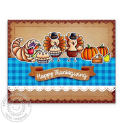 Sunny Studio Happy Thanksgiving Feast with Cornucopia & Pumpkin Pie Blue Gingham Fall Card using Turkey Day 4x6 Clear Stamps